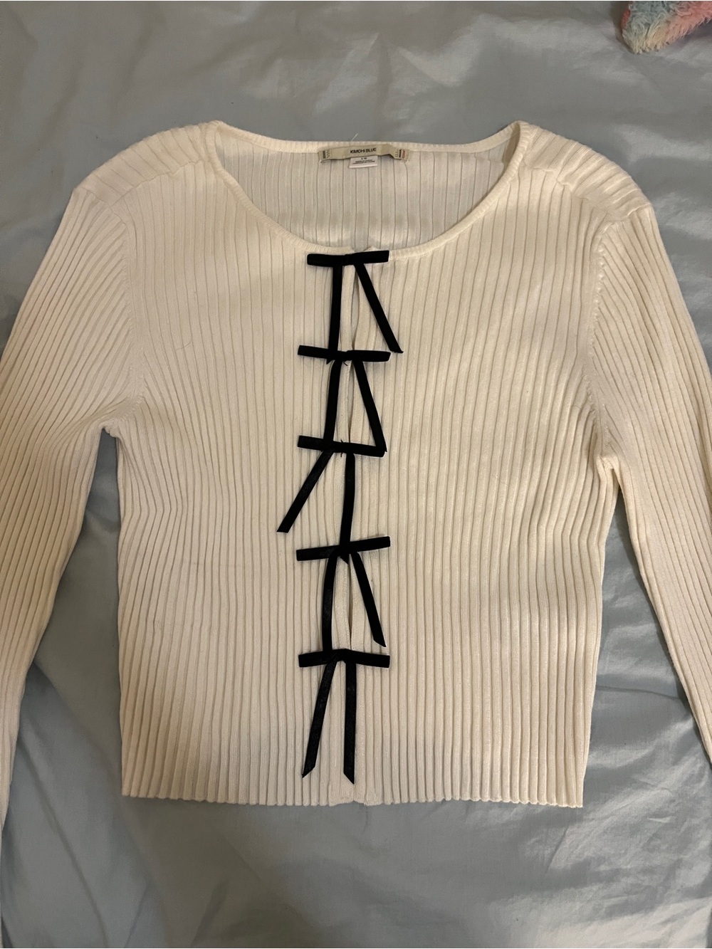 urban outfitters Ribbed Long-Sleeve Top with Black Ribbon Detail